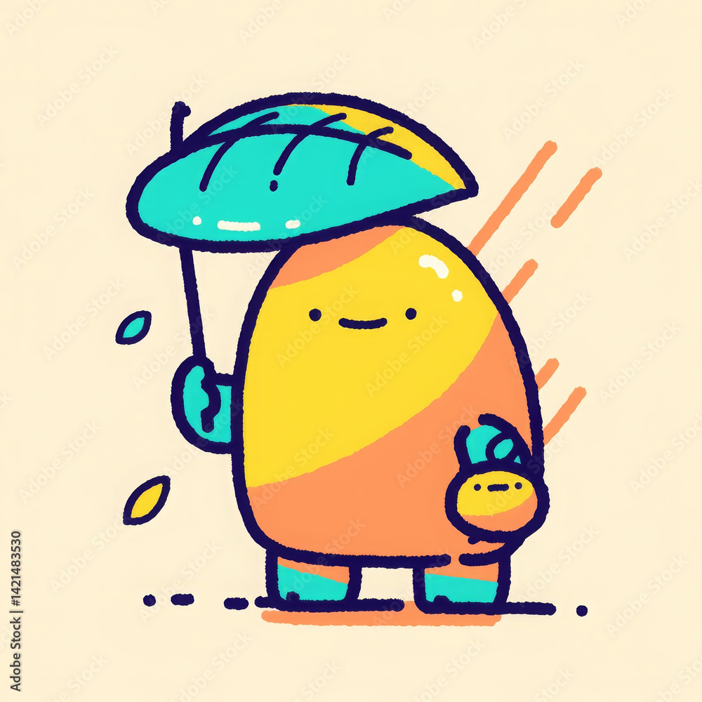 Fototapeta premium Cute cartoon character holding umbrella and small fruit, radiating joy and playfulness