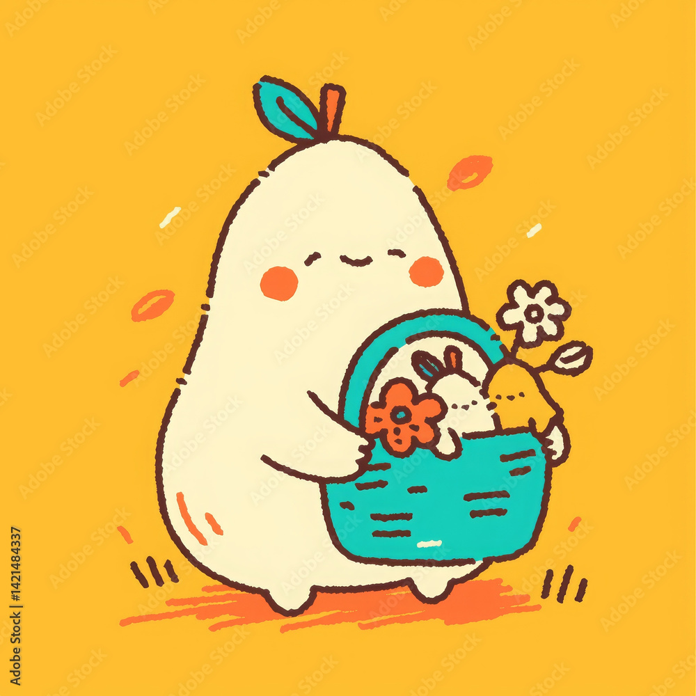 Cute and cheerful character holding basket filled with flowers and small animals Cute and cheerful character holding basket filled with flowers and small animals