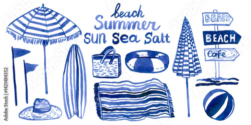 Hand drawn watercolor coastal resort stuff with surf, lifebuoy, bag, umbrella, flag, towel. Can use for print, clothes print, t-shirt, poster, invitation, illustration, element design.
