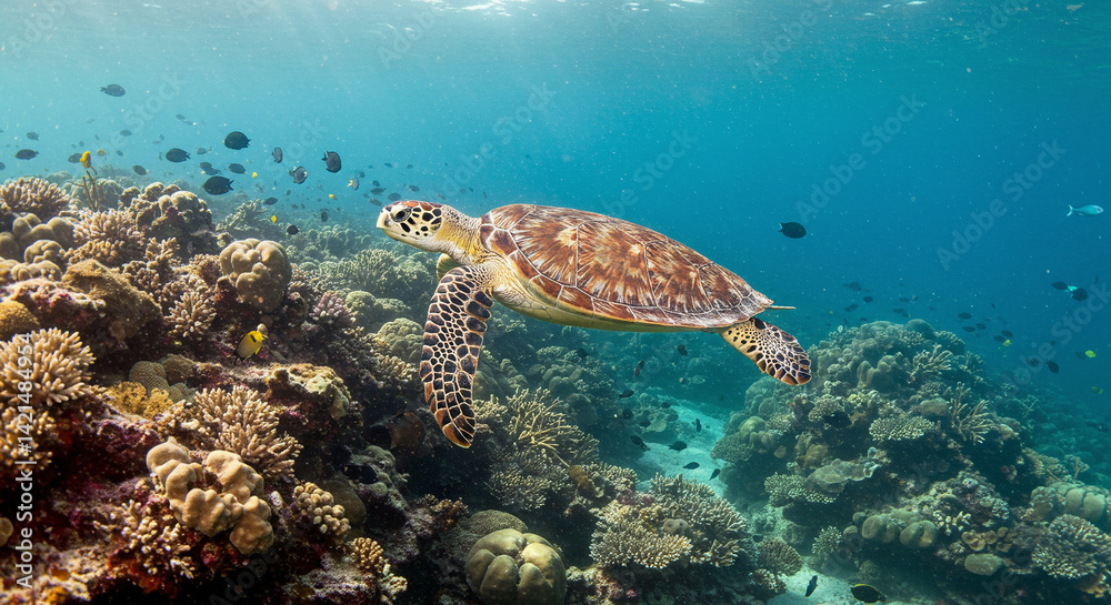 Fototapeta premium Swimming Sea Turtle Near Coral Reef Underwater Scene
