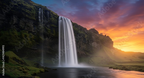 Waterfall Flowing Into a Lake at Sunset