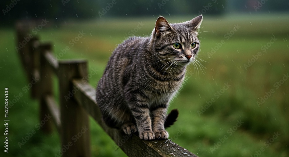 Fototapeta premium Tabby Cat Sitting on Wooden Fence in Rain Green Field Background Pet Animal
