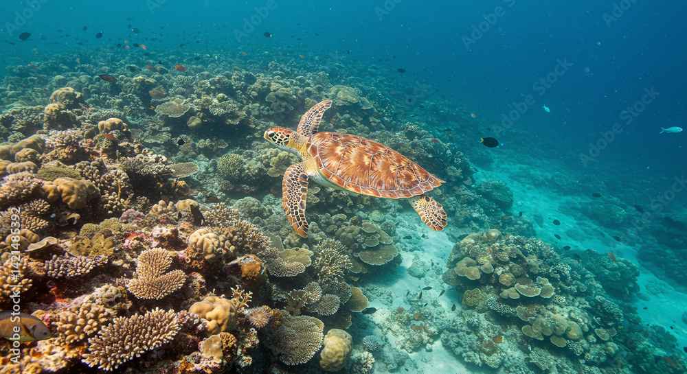 Fototapeta premium Sea Turtle Swimming Over Coral Reef Ecosystem in Ocean