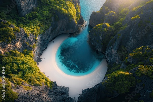 Dramatic, secluded, tropical bay with pristine white sand and turquoise water. Lush greenery surrounds the cove, nestled amidst dramatic cliffs