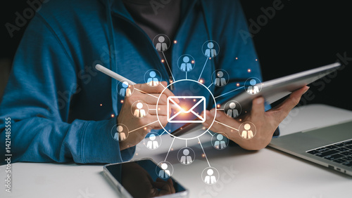 Text messages with abstract holographic speech bubbles emerge on the screen.  Instant messaging software.  SMS, group messaging, texting.  Customer service help desk with chatbot for live assistance.