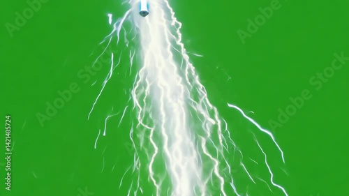A streak of white lightning illuminates the abstract green nature with a flash of light from the sky