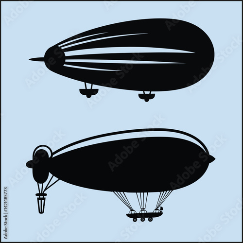 Silhouettes Set of Airship, Flight
