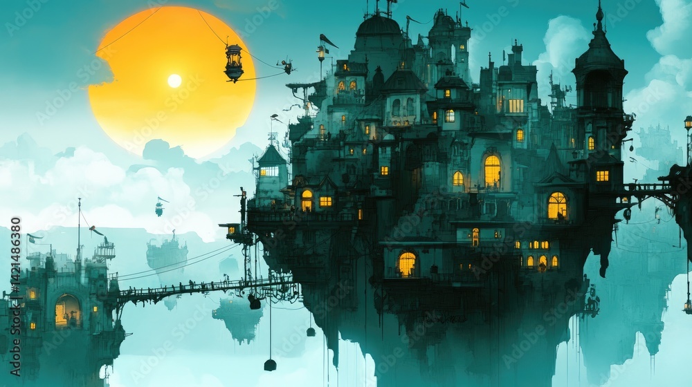 Floating Cityscape: A Surreal Metropolis in the Clouds at Sunset