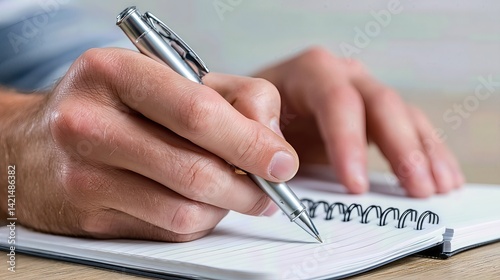 A poised hand holds a sleek silver pen, capturing the fluid motion of writing across crisp pages of a spiral notebook in focused detail.

 photo