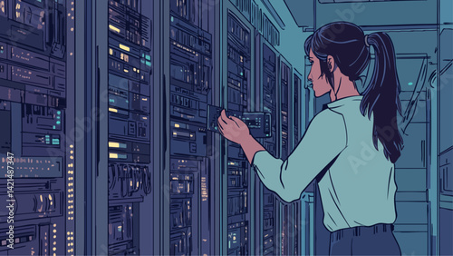 Women in tech maintaining servers in a secure data center
