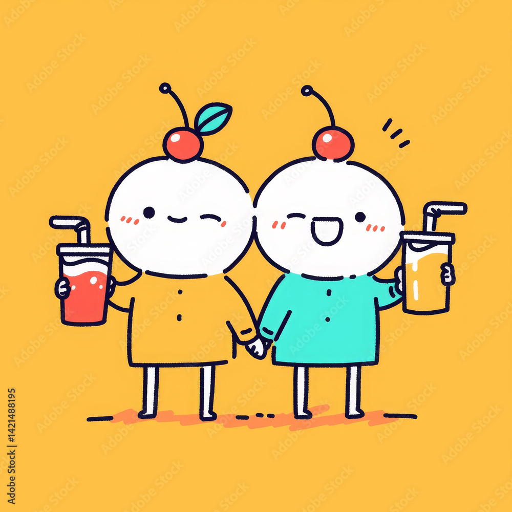 Cute cartoon characters holding drinks, smiling together in cheerful setting Cute cartoon characters holding drinks, smiling together in cheerful setting
