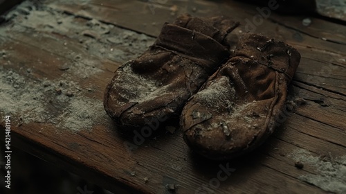 Wallpaper Mural Old leather gloves covered in dust resting on a wooden workbench in a dimly lit workshop Torontodigital.ca