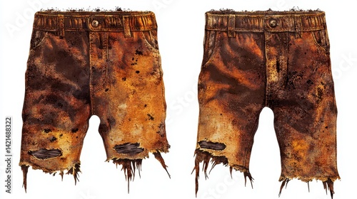 Unique design of distressed denim shorts showcasing a rustic look with brown tones and frayed edges