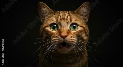 Close up Portrait of a Ginger Cat with Wide Green Eyes Open Mouth Dark Background