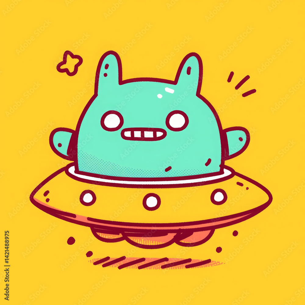Cute green alien in colorful UFO, smiling joyfully against bright yellow background