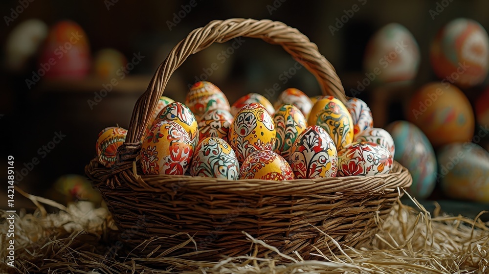 Vibrant Miniature Easter Eggs Overflowing from a Rustic Basket on Straw Vibrant Miniature Easter Eggs Overflowing from a Rustic Basket on Straw