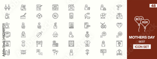 48 Editable Mother’s Day Icons: Line-Art Illustrations Featuring Moms, Gifts, Flowers, Hearts, Jewelry, Makeup, and Celebration Symbols for Creative and Promotional Projects