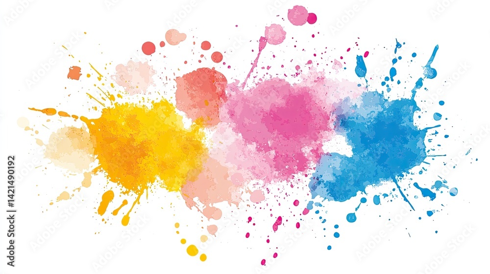 Fototapeta premium Vibrant Watercolor Splashes: A Colorful Abstract Painting of Yellow, Pink, and Blue Hues