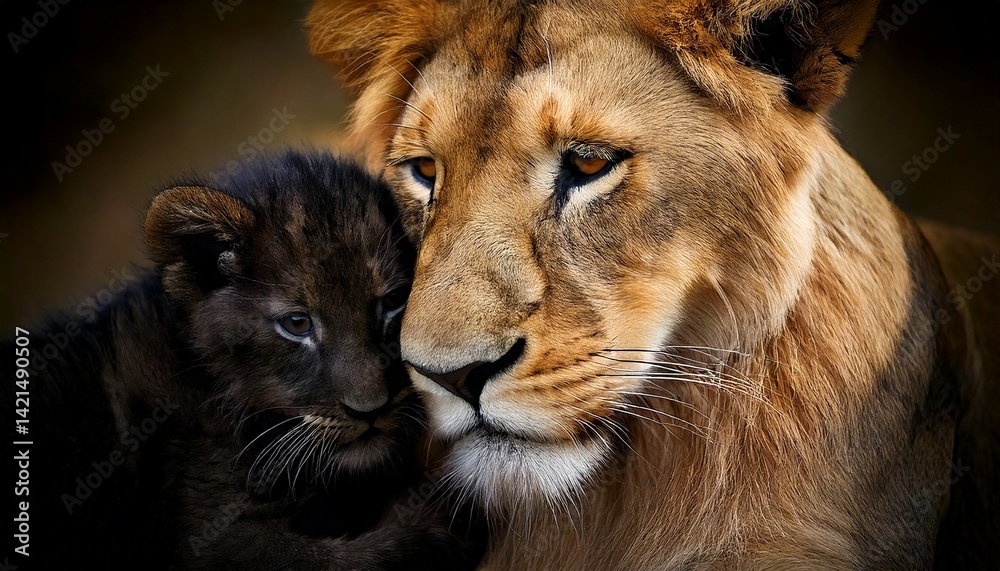Fototapeta premium Una leona acaricia tiernamente a su cachorro; su vínculo de amor y fuerza se hace evidente en el primer plano.