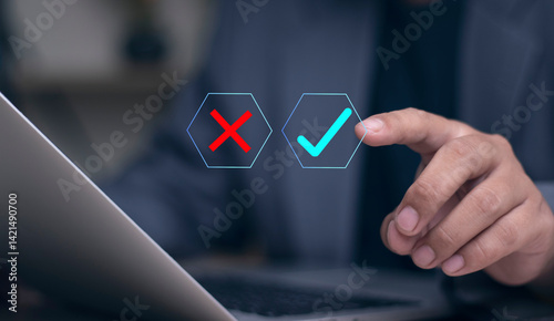 Deciding between right and wrong symbols, deciding to vote, making a yes or no decision, making a business choice in a difficult situation, true or false, making a decision in a crisis, satisfaction,