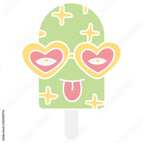 groovy ice cream, groovy boho popsicle in doodle flat color style. Playful ice cream pop with heart-shaped glasses and a tongue out.