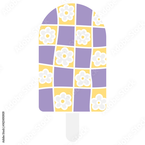 groovy ice cream, groovy boho popsicle in doodle flat color style. Colorful popsicle design with floral patterns and geometric shapes.