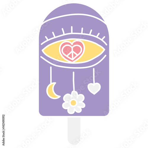groovy ice cream, groovy boho popsicle in doodle flat color style. Colorful popsicle design featuring eye and peace symbol elements in doodle flat color style