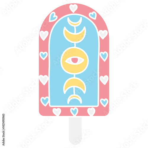 groovy ice cream, groovy boho popsicle in doodle flat color style. Colorful ice cream pop with whimsical designs and hearts.