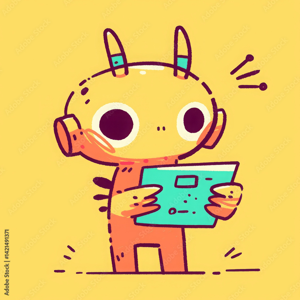 Cute orange alien character holding tablet, expressing curiosity and excitement Cute orange alien character holding tablet, expressing curiosity and excitement