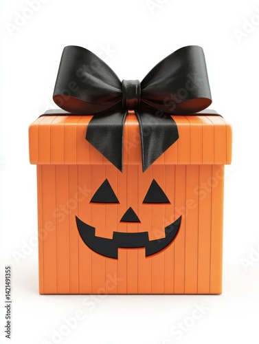 Halloween-themed gift box with a black bow and jack-o'-lantern face on a white background
