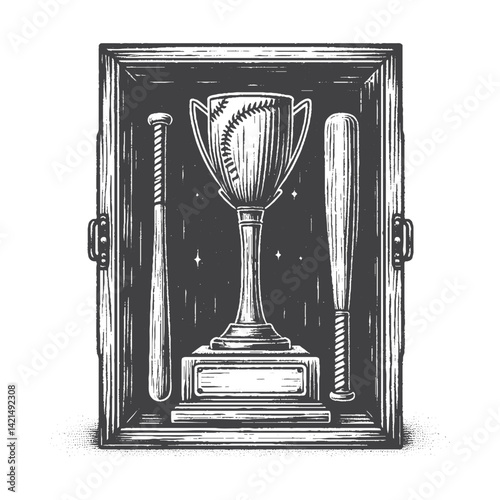 Vintage Hand-Drawn Baseball Bat as Trophy Illustration – Champion Sports Engraved Style Vector for T-Shirts, Posters, Stickers, and Victory Themes Apparel