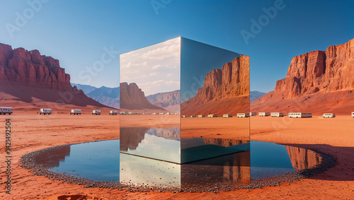 Giant reflective cube standing in the middle of the desert