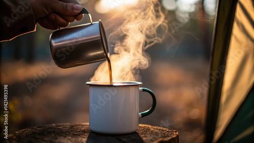 road trip adventure camping gear travel inspiration Concept. Pouring hot coffee into a mug outdoors with steam rising in a natural setting.