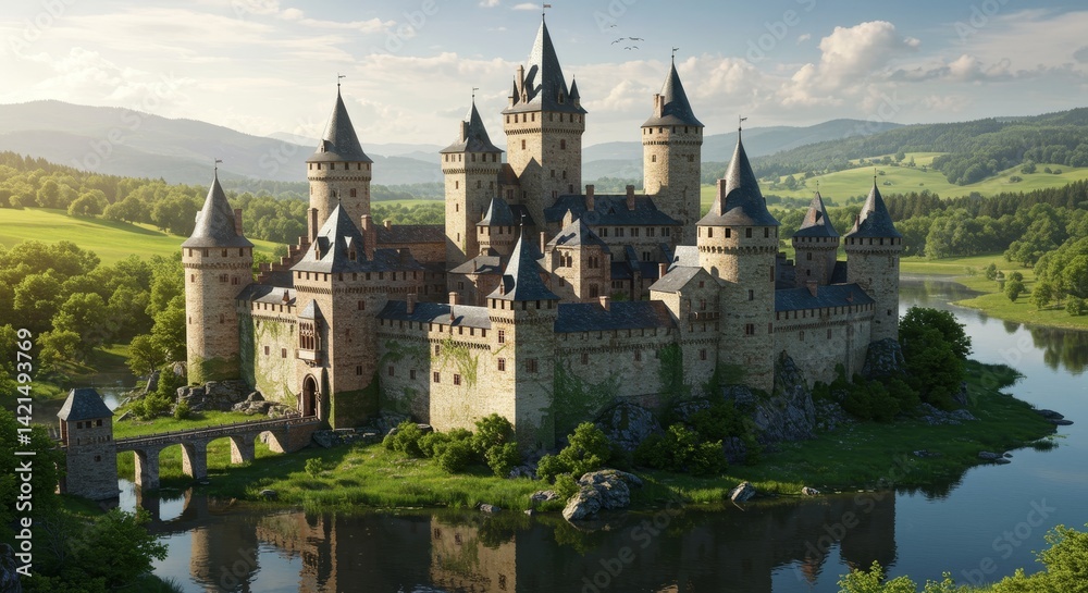 Fototapeta premium Majestic castle reflecting in tranquil waters amidst lush greenery and rolling hills