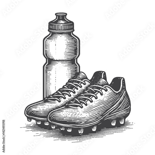 Vintage Hand-Drawn Cleats with Drink Bottle Illustration – Sports Gear Engraved Style Vector for T-Shirts, Posters, Stickers, and Athletic Essentials Themes Apparel