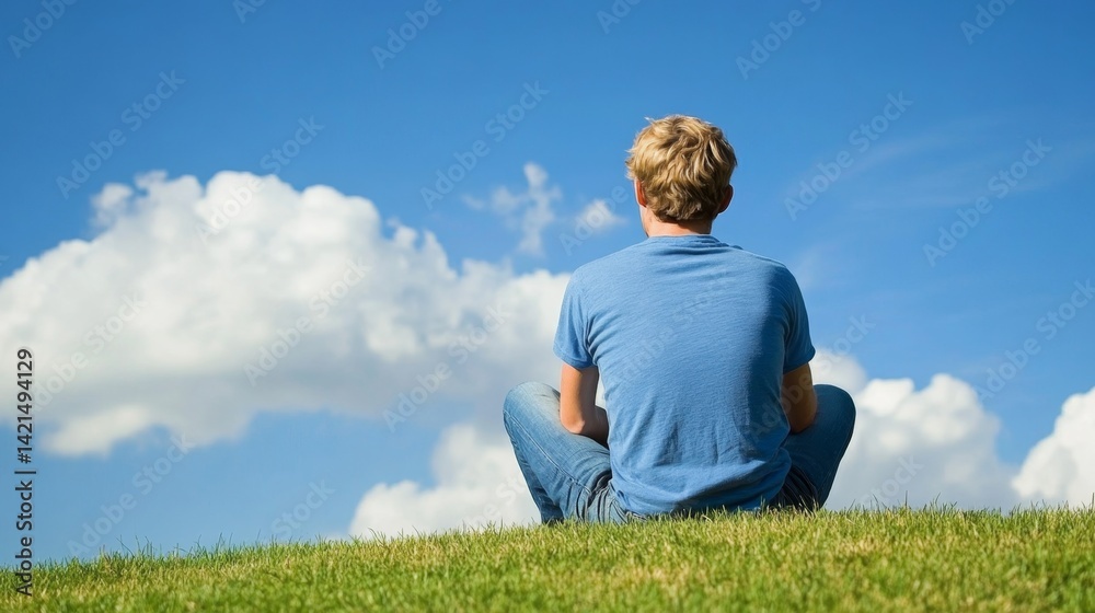Serene Man Watching Clouds on Grassy Hill in Harsh Daylight Serene Man Watching Clouds on Grassy Hill in Harsh Daylight