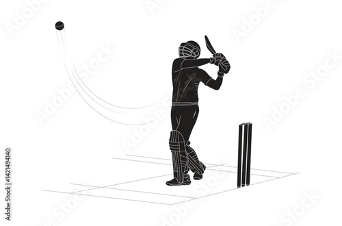 Cricket player line art drawing illustrations, sketch of a cricket player, Cricket player & batsman silhouette, Doodle sketch drawing clip art of cricketer, Cricket action pose line art championship.