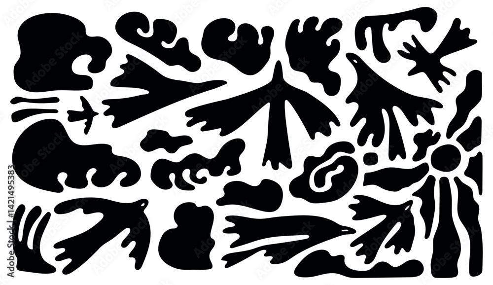 Stylish abstract vector in groovy 70s style with flying birds, ocean vibes, clouds and sun. Black doodles for summer posters, prints, fashion, editorial, digital content and vacation visuals. Stylish abstract vector in groovy 70s style with flying birds, ocean vibes, clouds and sun. Black doodles for summer posters, prints, fashion, editorial, digital content and vacation visuals.