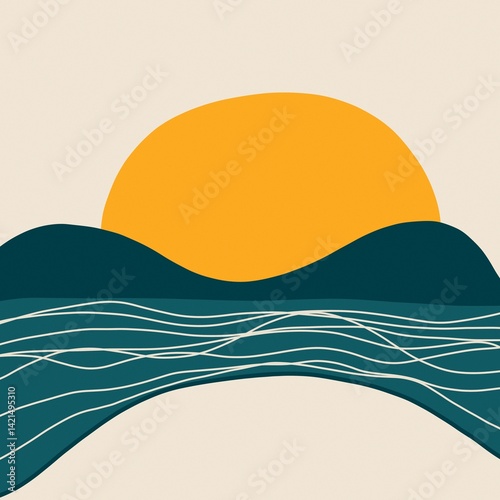 Abstract sunset landscape with waves poster art print at summer photo