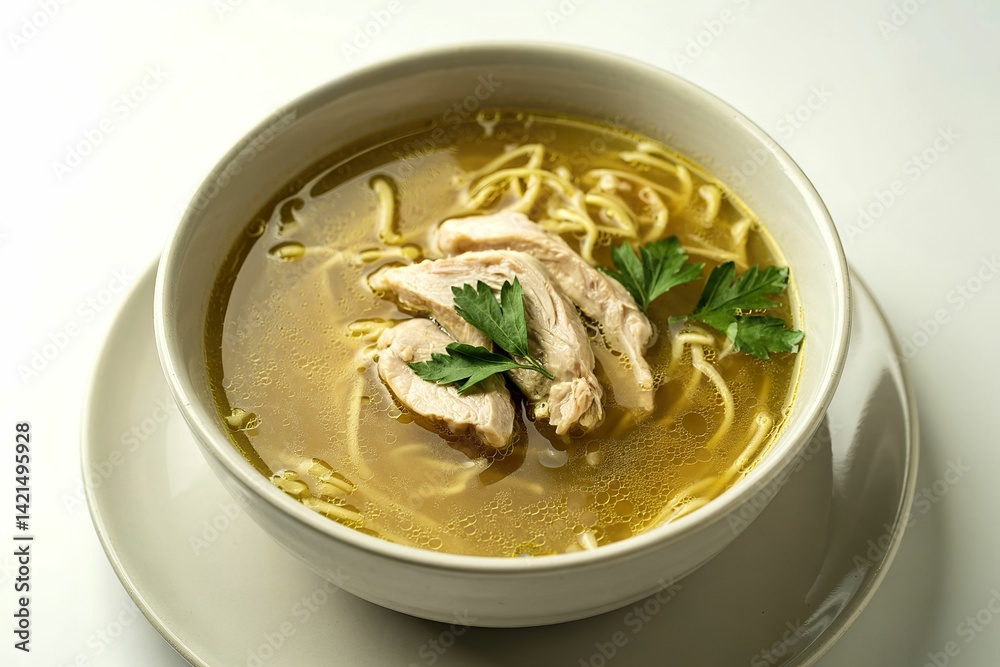 A photograph of a steaming bowl of chicken noodle soup A photograph of a steaming bowl of chicken noodle soup