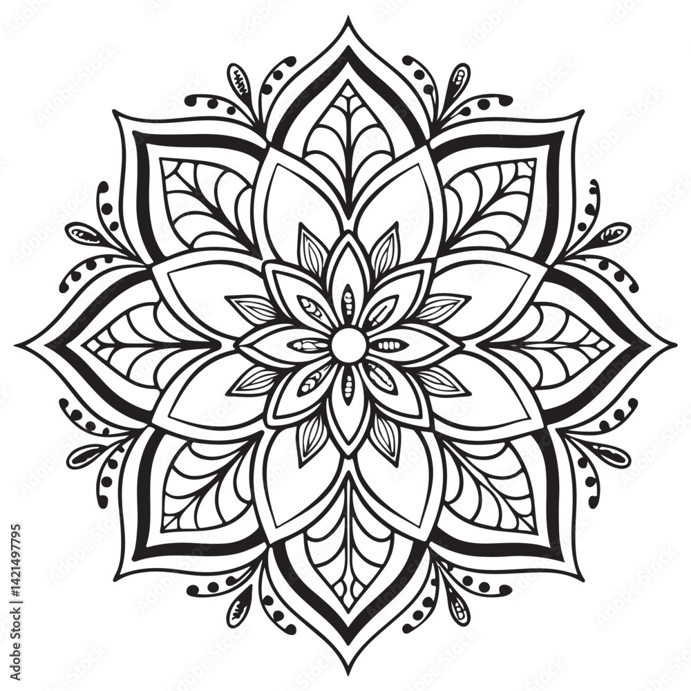 Fototapeta premium Intricate Mandala Design Symmetrical Floral Pattern in Black and White Line Art