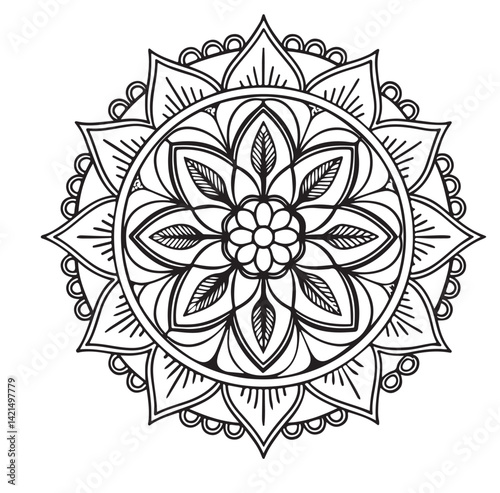 Intricate Mandala Design Symmetrical Floral Pattern in Black and White Line Art