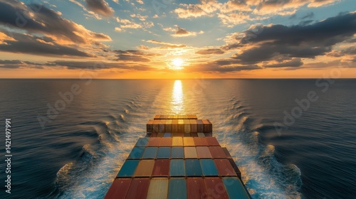 Ocean Sunset Container Ships Golden Hour Voyage Across Waves