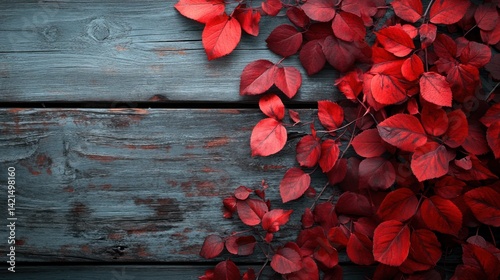 Vibrant crimson foliage artfully arranged on weathered gray wooden planks photo