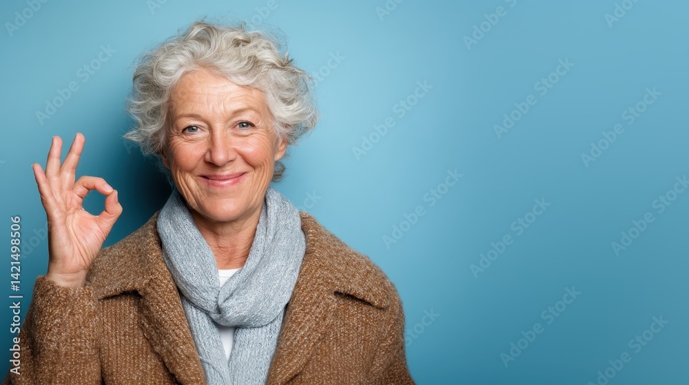 Senior woman in stylish winter coat and scarf, showing okay gesture with warm smile against blue background, radiating confidence and approval Senior woman in stylish winter coat and scarf, showing okay gesture with warm smile against blue background, radiating confidence and approval
