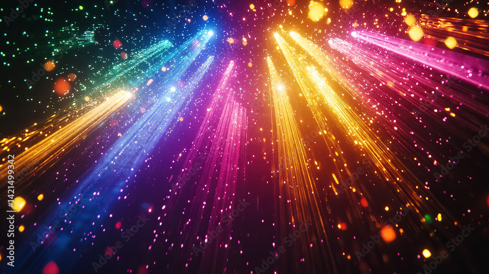 Fototapeta premium Dynamic light beams in vibrant hues, forming abstract patterns. A symphony of color and motion in darkness.