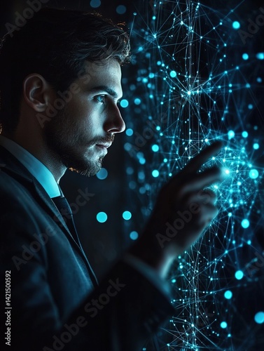 Man in suit interacts with glowing digital network or data visualization.