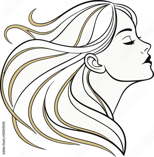 Confident Woman Line Art with Flowing Hair – Elegant Beauty and Fashion Illustration