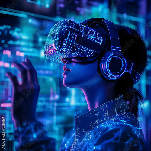 Female Coder Immersed in Virtual Reality and Cyber Data
