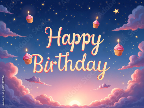 Whimsical 'Happy Birthday' Greeting with Flying Cupcakes and a Starry Sky